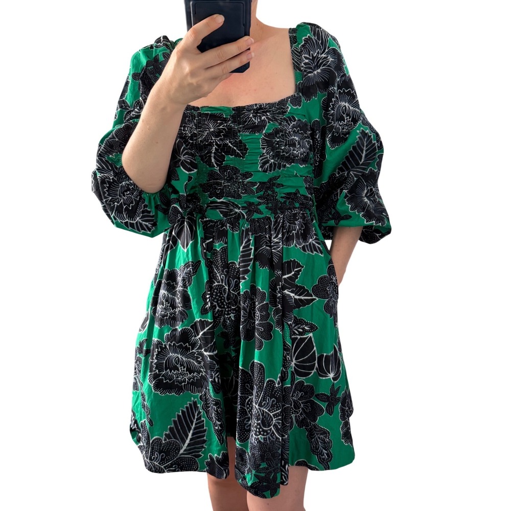 Caroline Constas Green‎ Floral Smocked Mini Dress XS Cotton Puff Sleeve Pockets